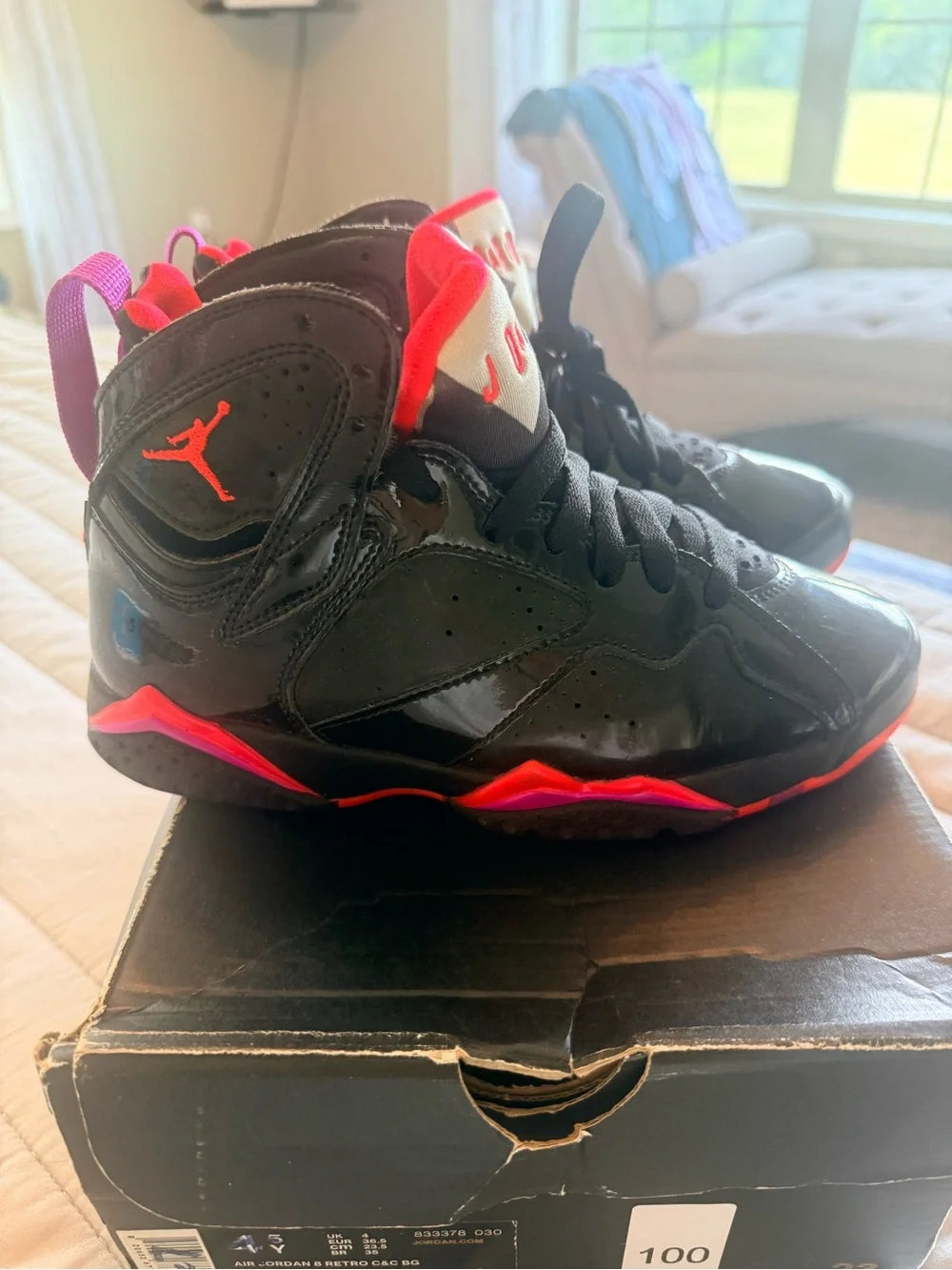 Air Jordan 7 Retro Black Patent Women’s Size 6 Black Red Sneakers